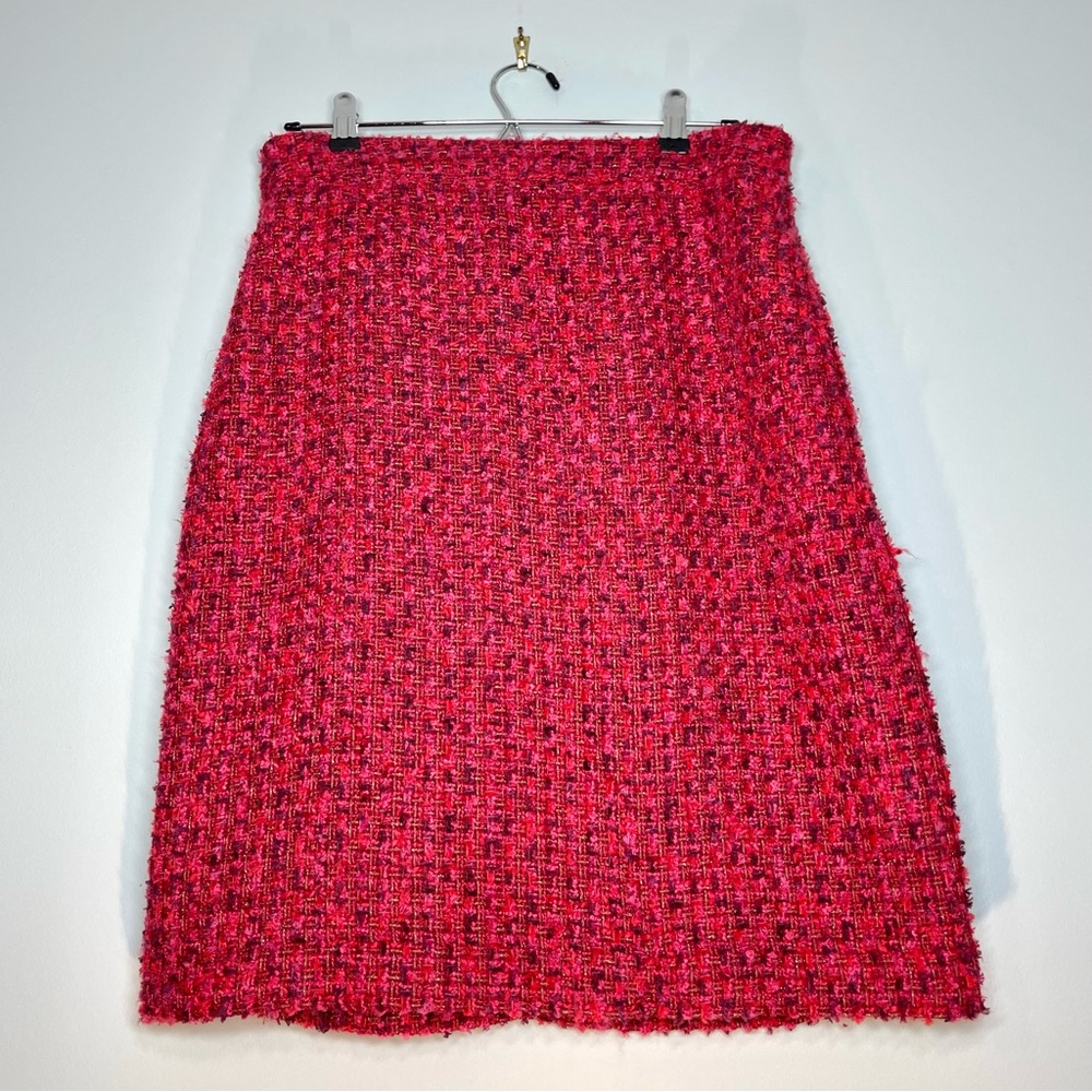 DONNA KARAN Red Pink Pencil Lined Tweed Skirt Gold Metallic Shimmer Size 14